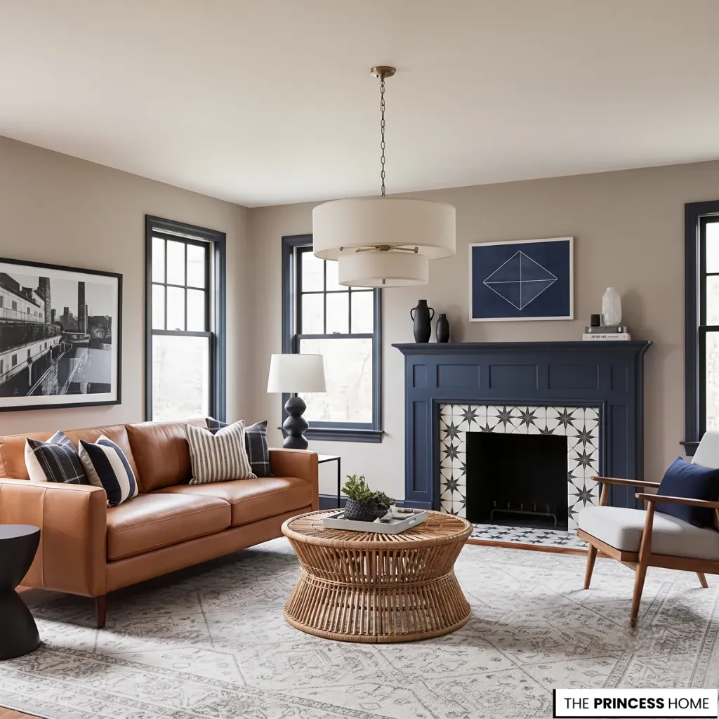Modern living room featuring a brown leather sofa, round rattan coffee table, and a bold blue fireplace mantle.