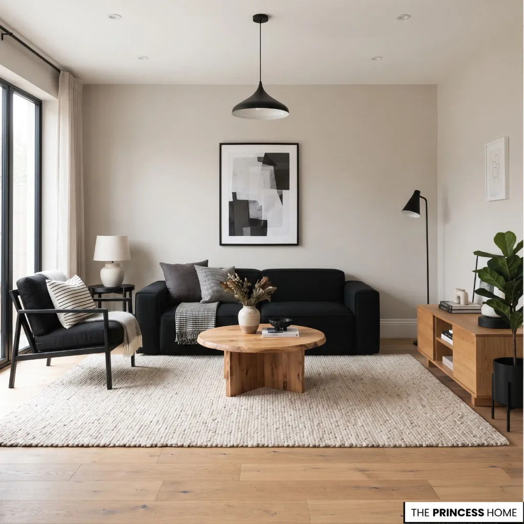A contemporary living room featuring a black sofa, a round wooden coffee table,