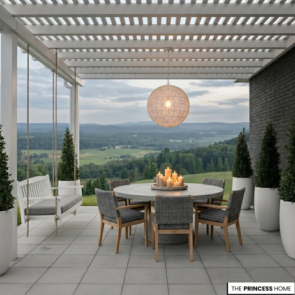 Modern patio dining space under a white pergola with a round concrete table, woven chairs, a porch swing, and rolling hill views.