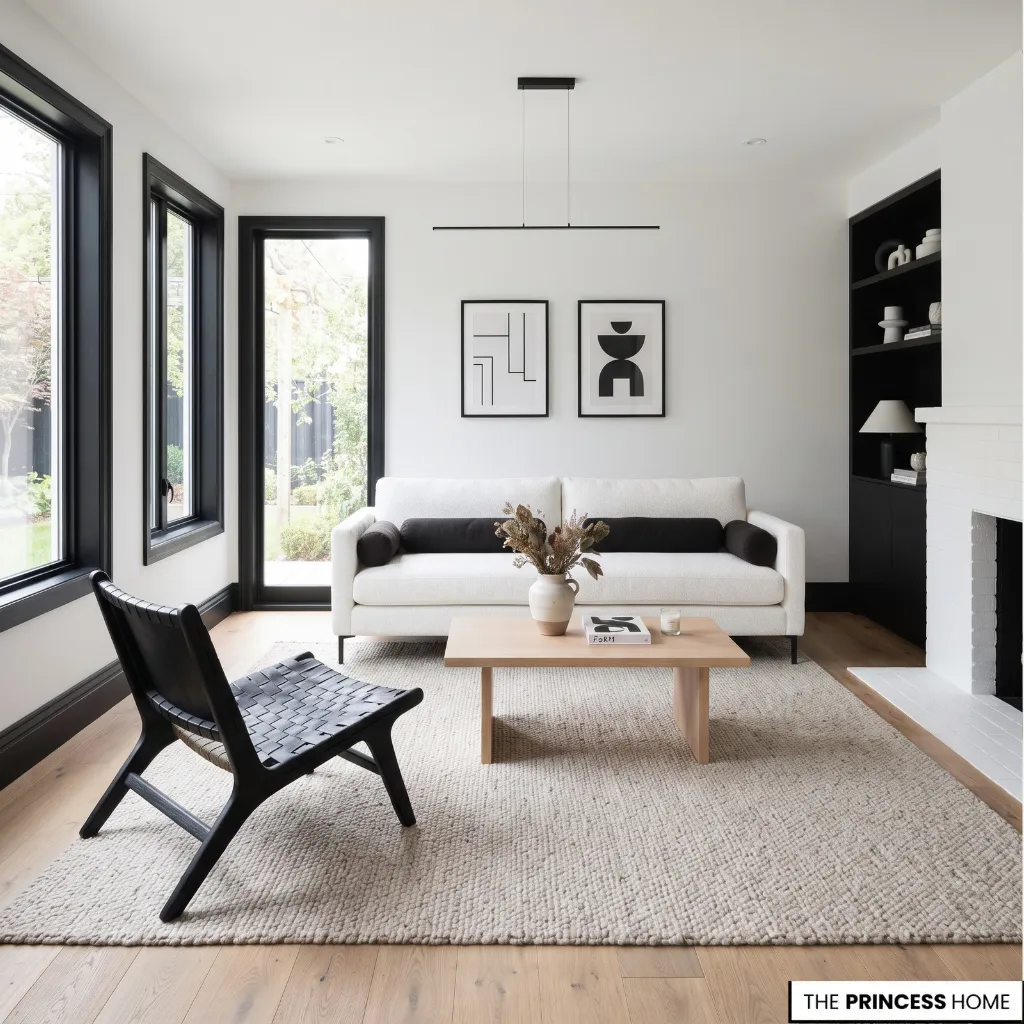 A stylish and bright living room featuring a white sofa with black bolster pillows, a wooden coffee table, a black accent chair, and large windows with black frames