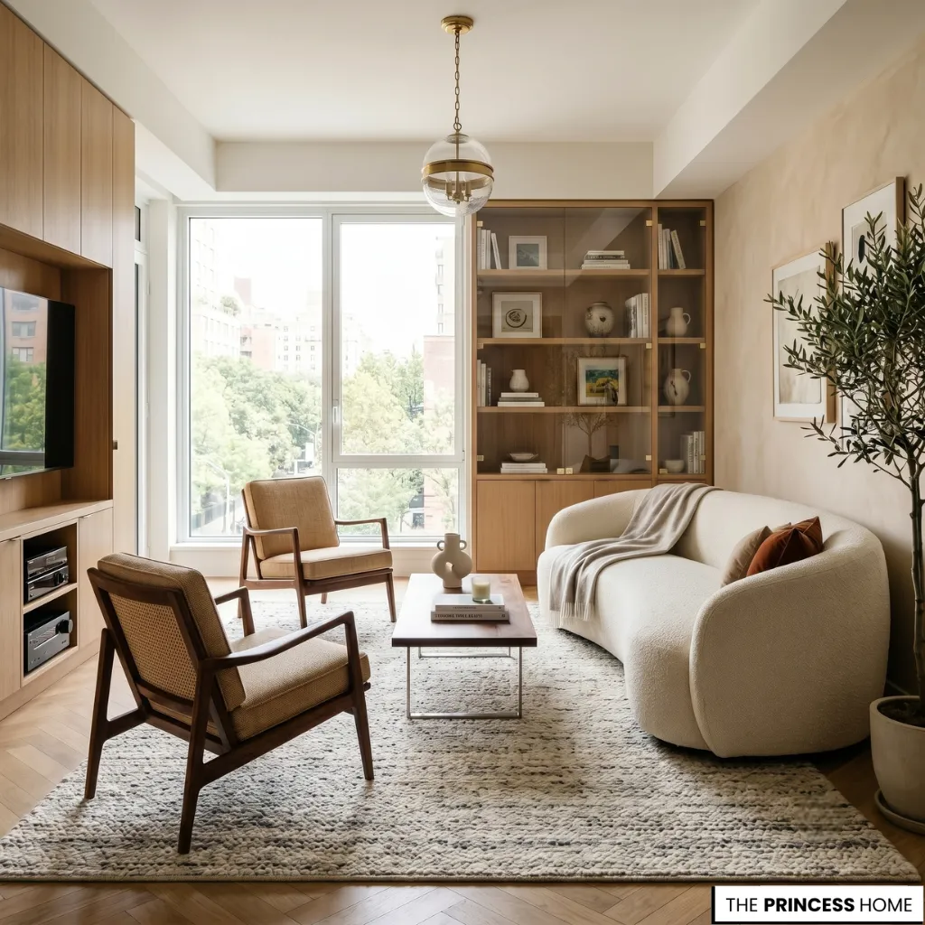 Slow design living room with a cream curved boucle sofa, mid-century wood armchairs, a large window, and glass cabinet.