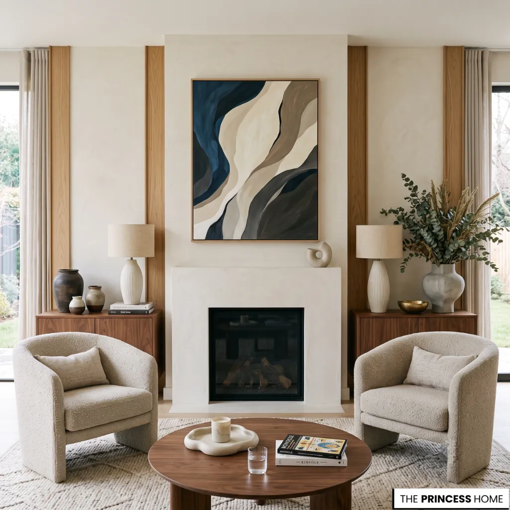 Symmetrical living room featuring boucle barrel chairs, a white fireplace with abstract art, and wooden sideboards.