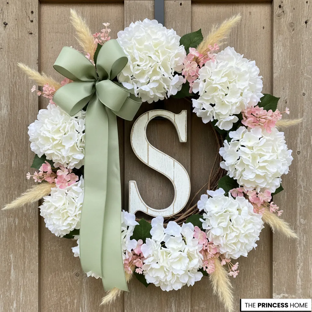 Elegant summer front door wreath featuring large white hydrangeas, delicate pink accent blossoms