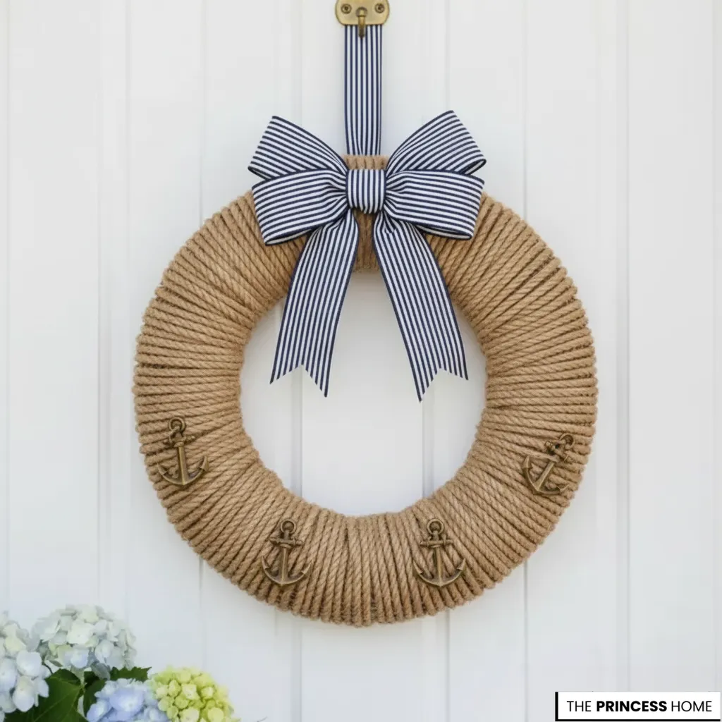 Coastal summer wreath wrapped in natural jute rope, decorated with small brass anchors and a blue and white striped bow hanging on a white door.