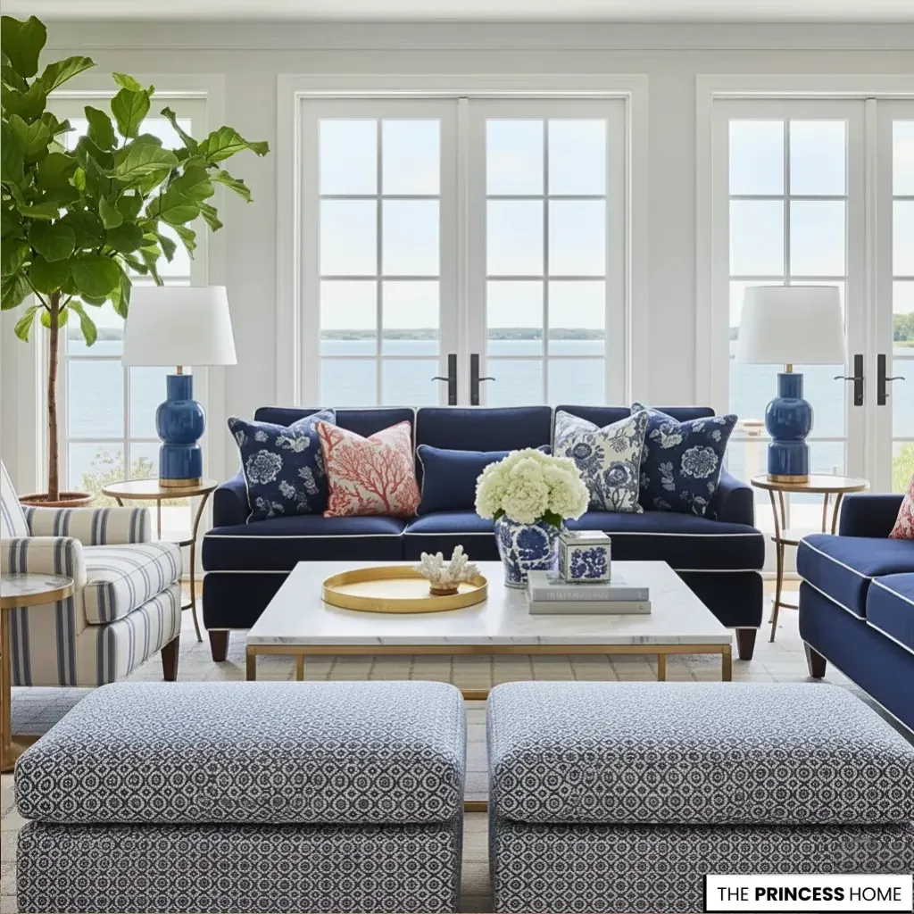 Navy blue sofa with coral pillows, patterned ottomans, and blue lamps in a coastal living room overlooking the ocean.