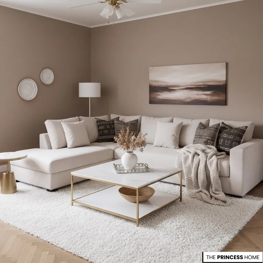 Beige sectional sofa with boho pillows, a marble coffee table, shag rug, and taupe walls.