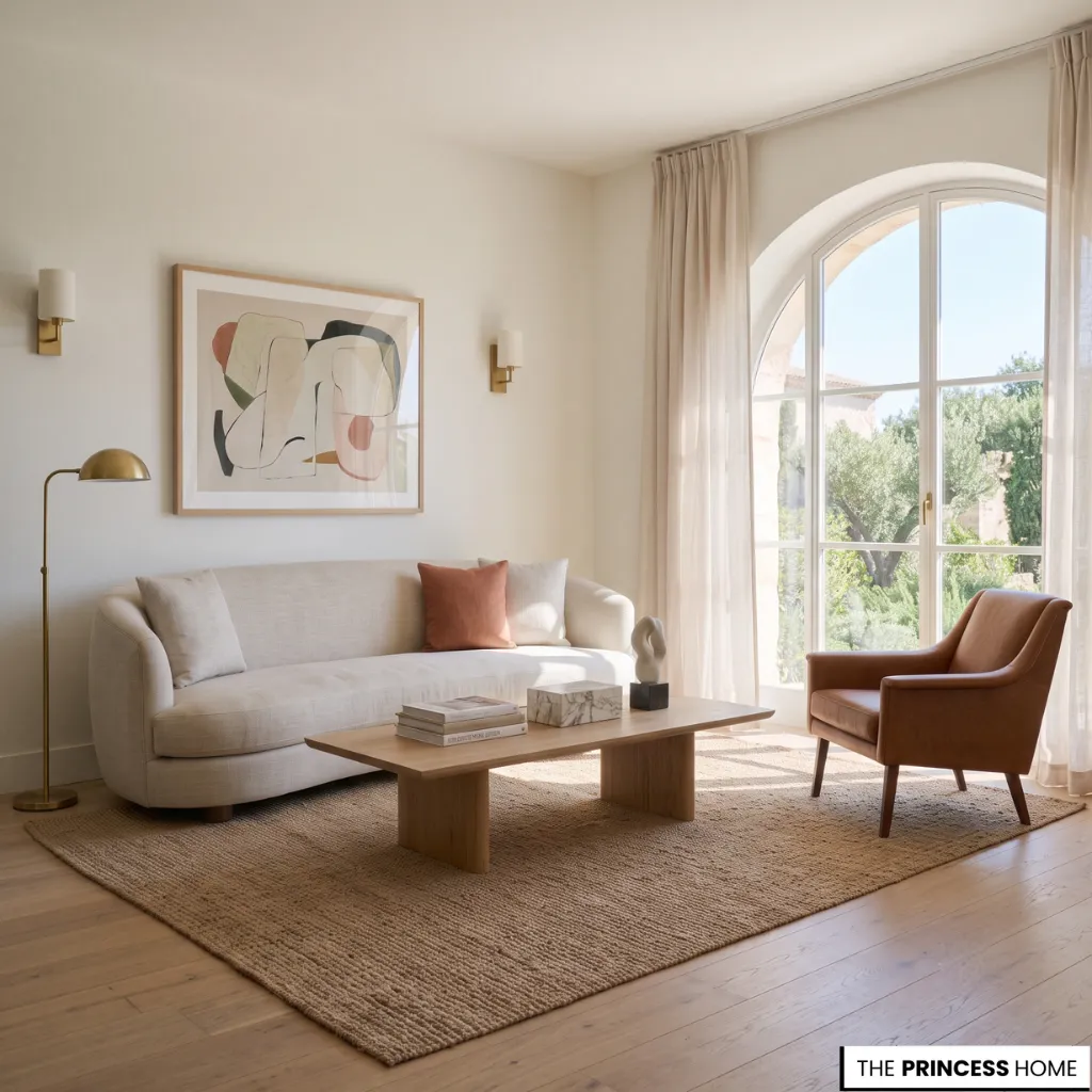 Organic modern living room with a cream curved sofa, leather armchair, wooden coffee table, and an arched glass door.