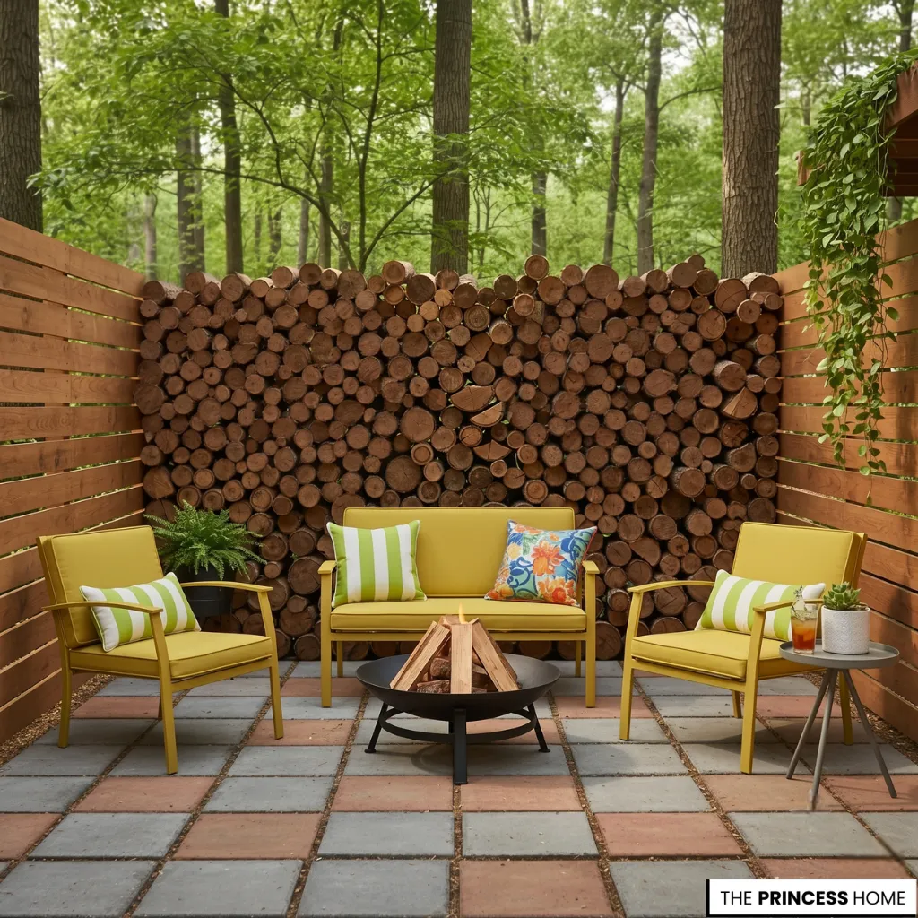 Outdoor patio with a central fire pit, mustard yellow seating, striped cushions, and a rustic stacked log accent wall.