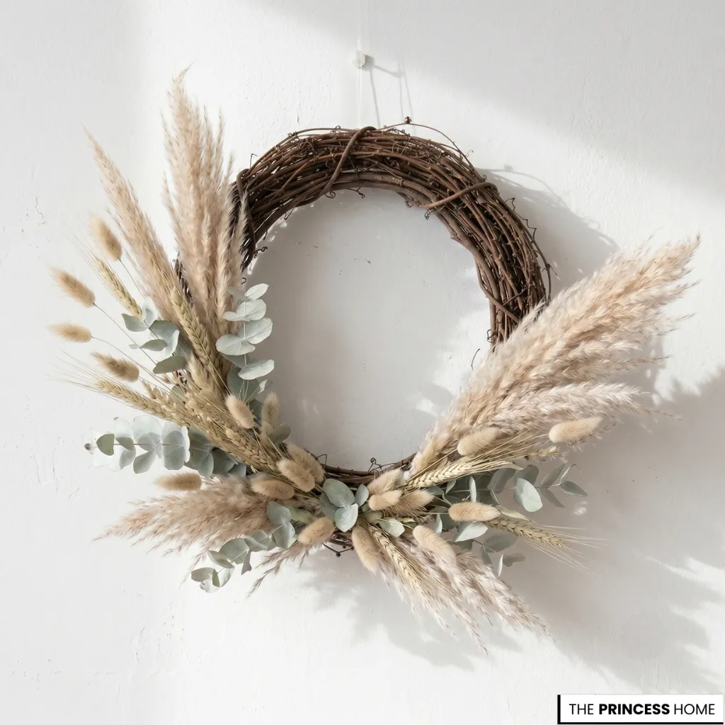 Rustic grapevine wreath adorned with fluffy pampas grass, dried bunny tails, and eucalyptus on a white wall.