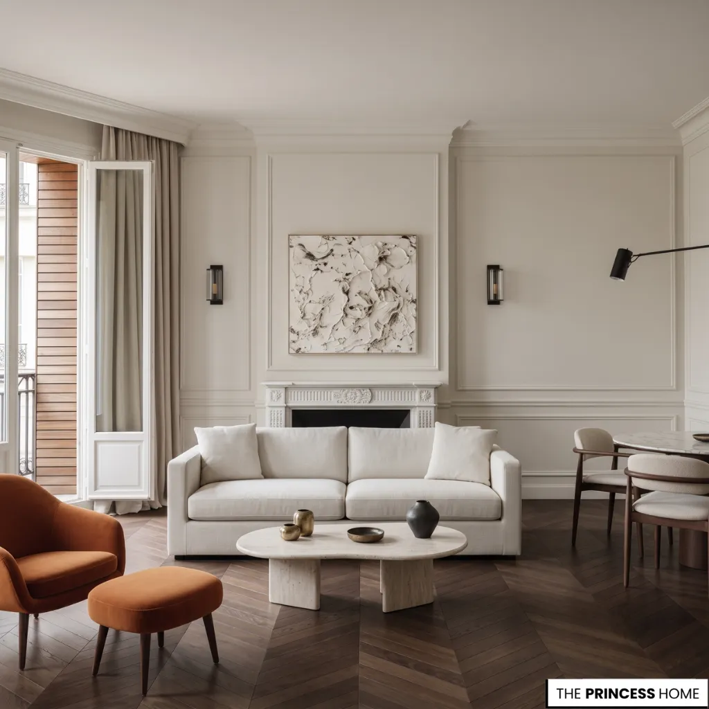 Parisian minimalist living room with a white sofa, terracotta accent chair, chevron wood floors, and wall molding.
