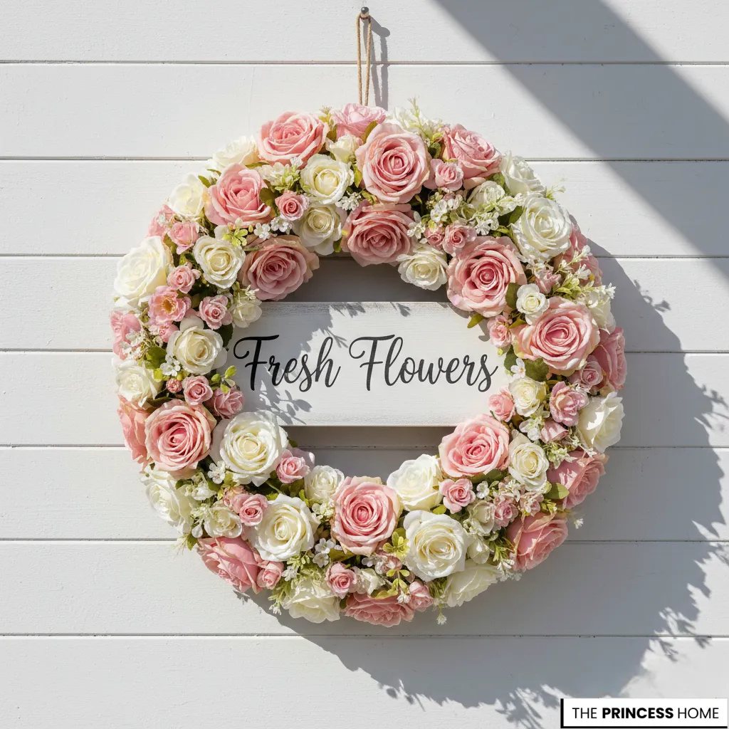 Romantic summer wreath filled with faux pink and white roses, featuring a central wooden sign that reads Fresh Flowers hanging on a white wood wall.