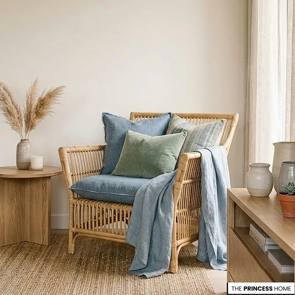 Close up of a rattan armchair with blue and green linen pillows, a matching throw blanket, and a jute rug.