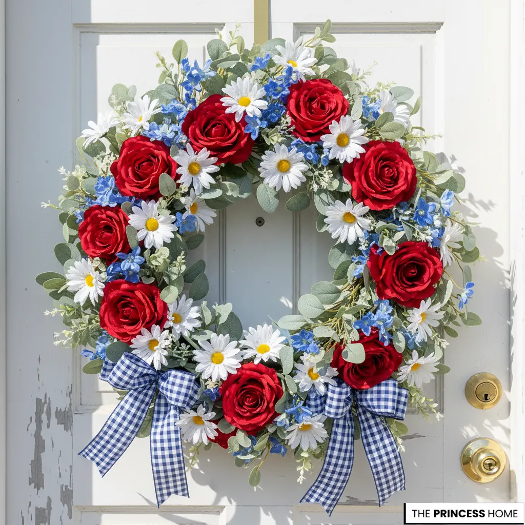 Summer wreath featuring red roses, white daisies, eucalyptus leaves, and blue gingham bows hanging on a white door.