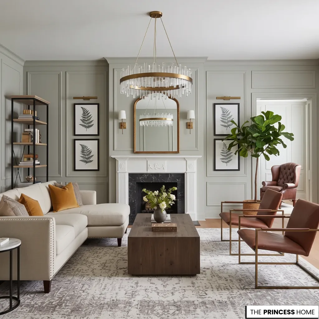Transitional living room with a cream sectional sofa, leather armchairs, sage green molding walls, and a crystal chandelier.