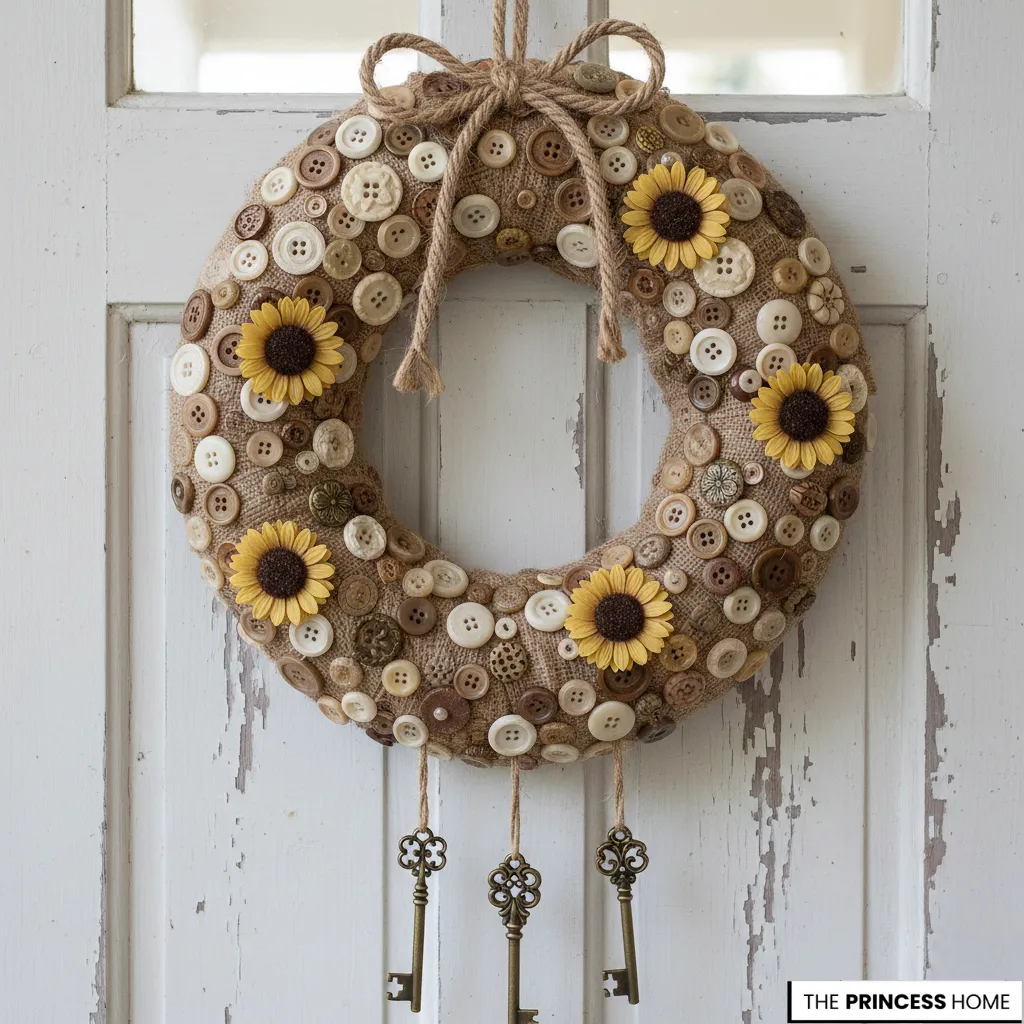 Creative summer wreath wrapped in neutral burlap and covered in assorted vintage buttons, decorated