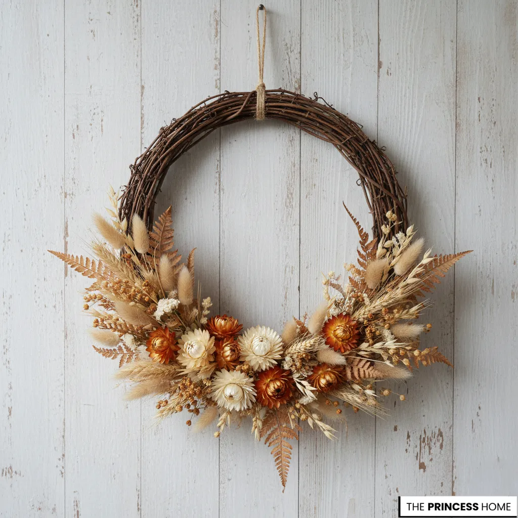 Rustic grapevine wreath featuring an asymmetrical arrangement of dried strawflowers in shades of orange and cream,