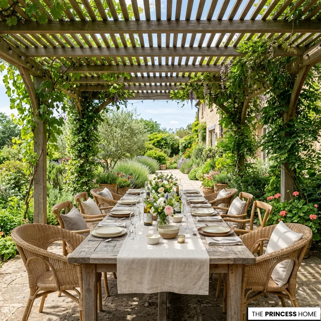 Long wooden dining table under a vine-covered pergola, featuring wicker chairs, white linen runner, and a lush garden background.