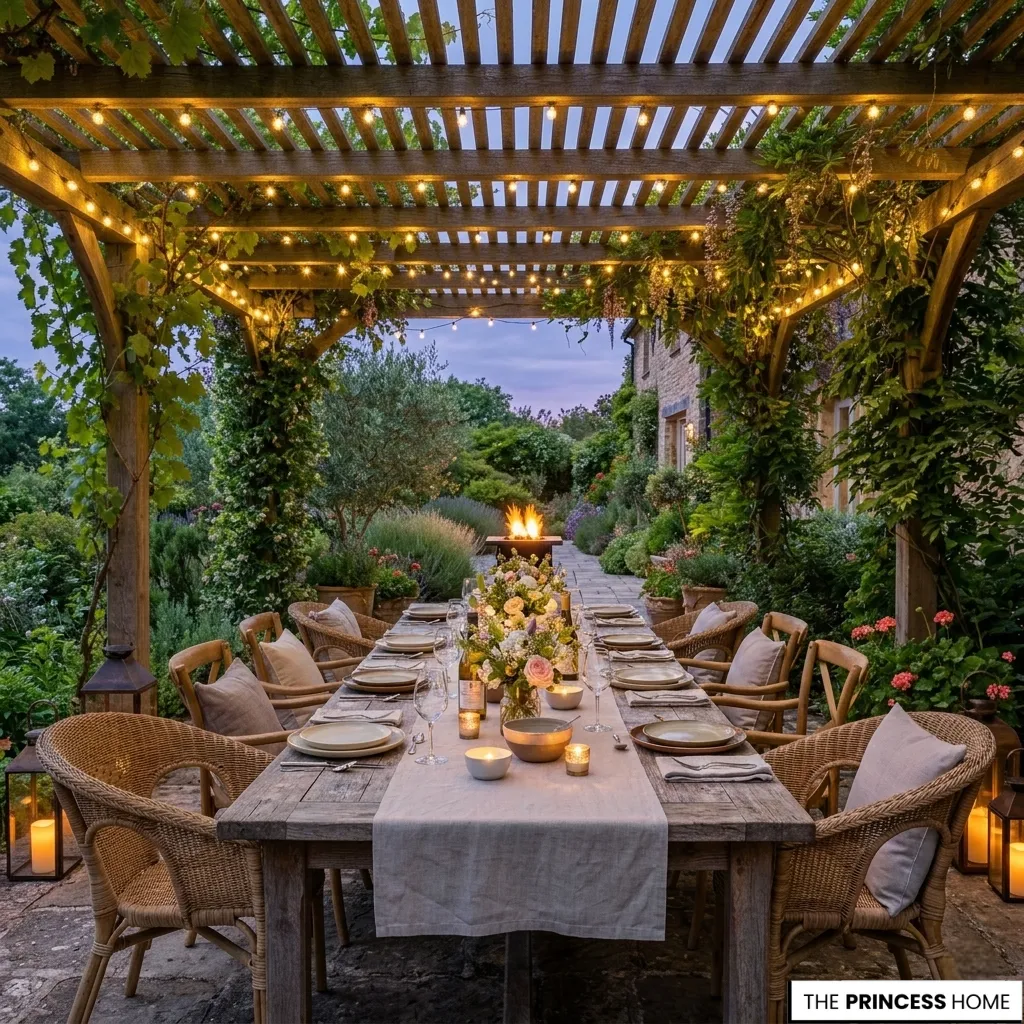 Long wooden dining table under a wooden pergola illuminated by fairy string lights, featuring wicker chairs and a garden path.