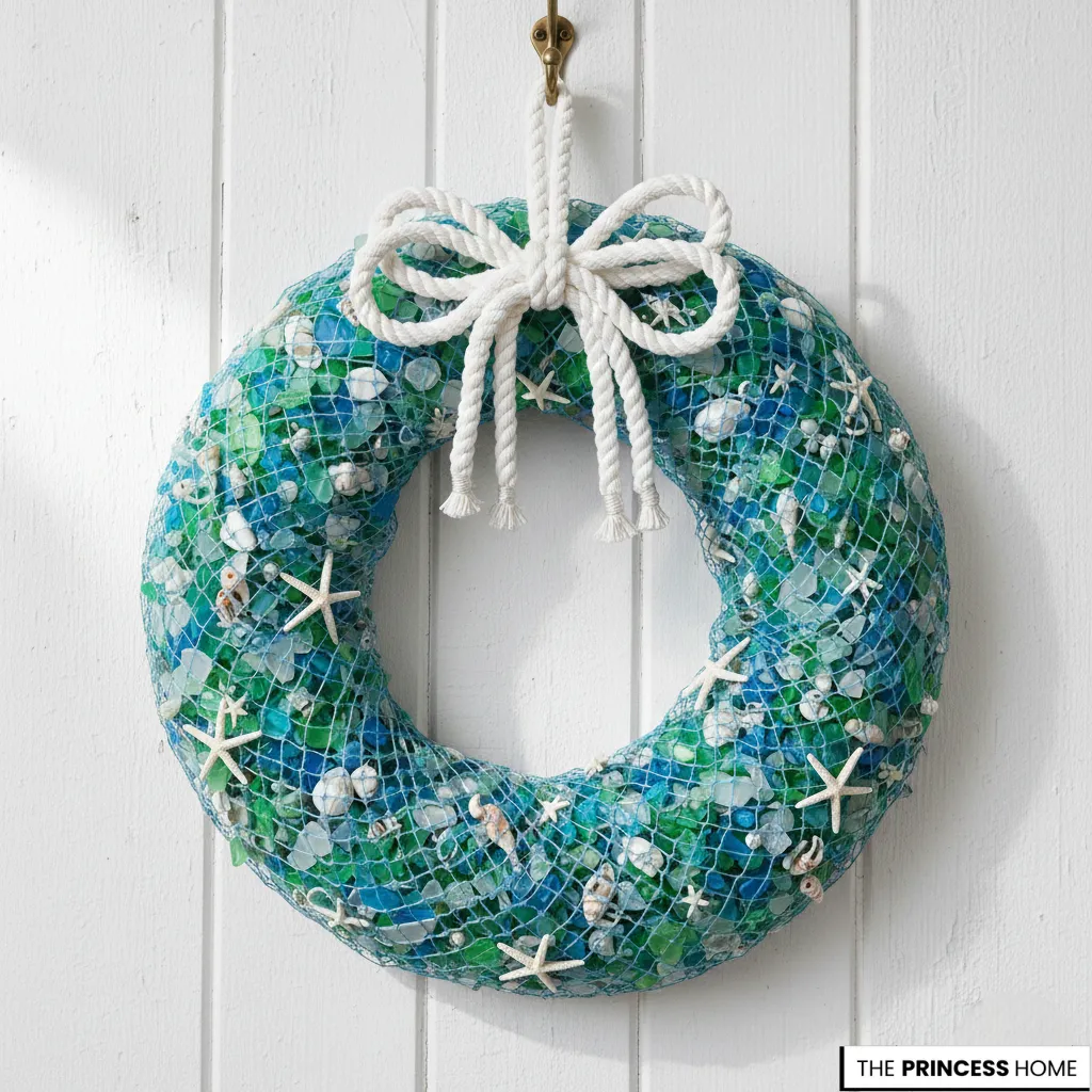 Coastal summer wreath filled with shades of blue and green sea glass inside a netting,