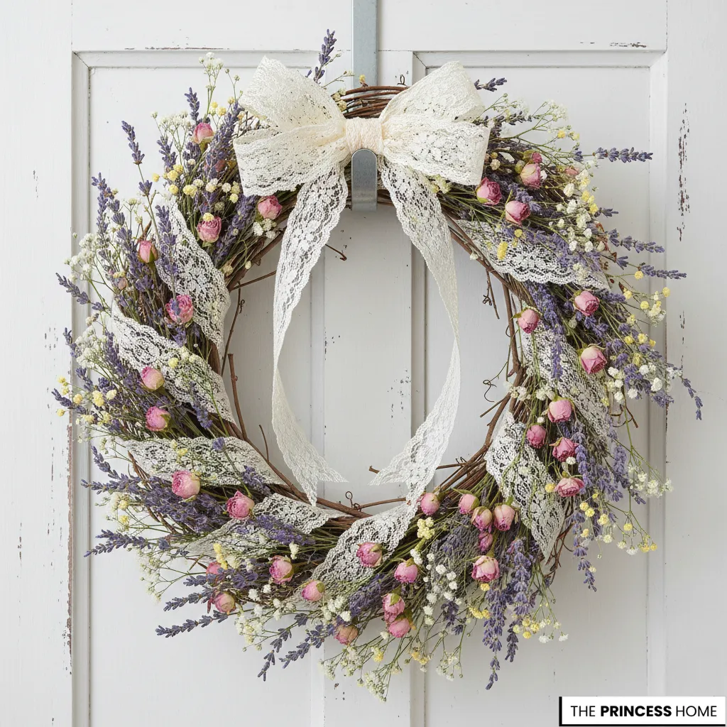 Shabby chic style summer wreath woven from grapevines, adorned with dried lavender sprigs, small pink rosebuds