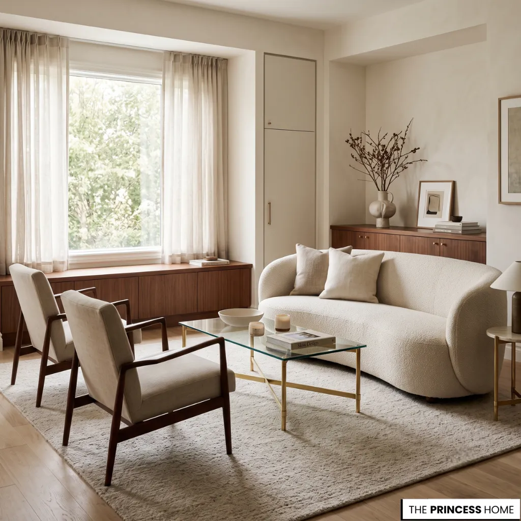 Slow design living room with a cream curved boucle sofa, mid-century armchairs, and a glass coffee table.