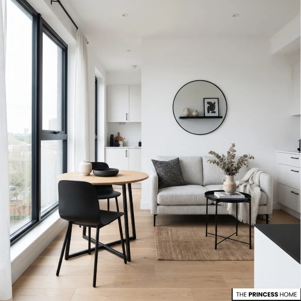 Compact bright apartment with white walls, a small dining table, and black furniture accents.