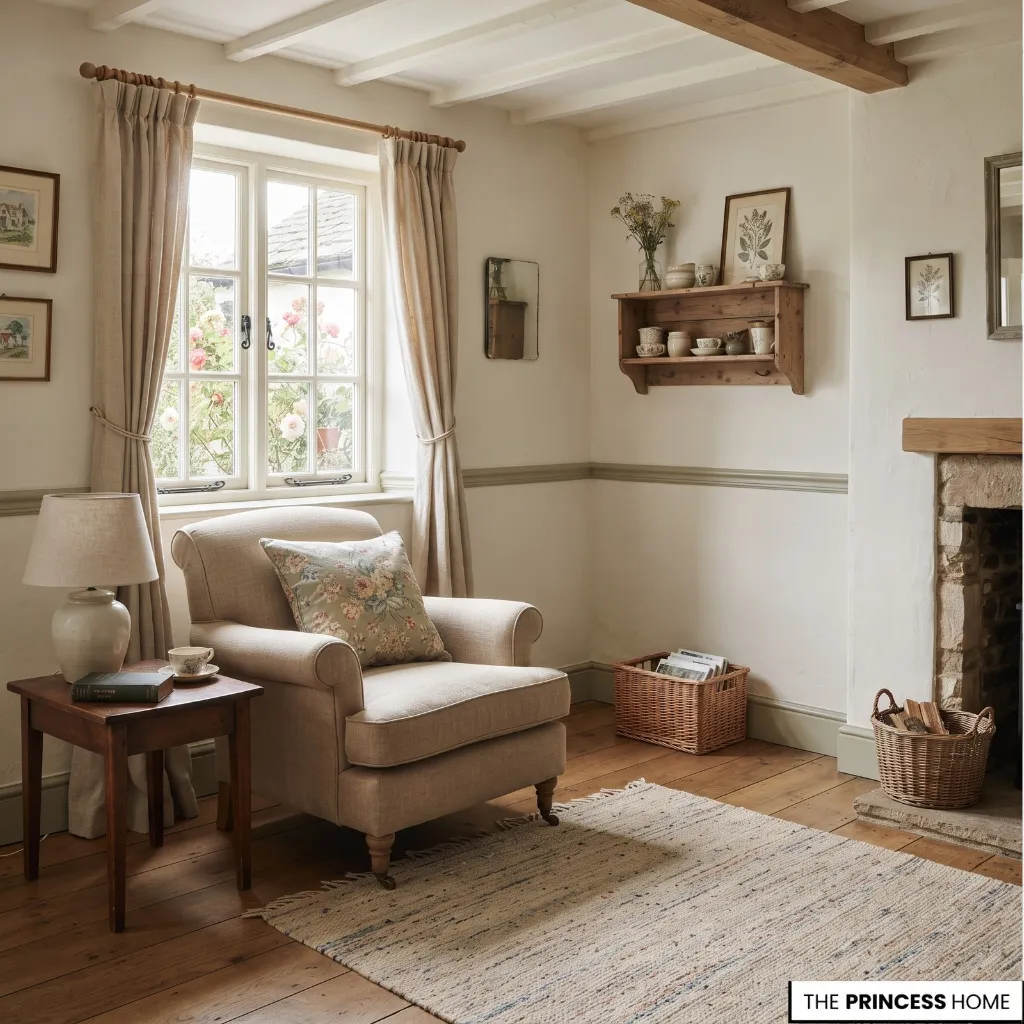 Compact cottage-inspired room with a traditional armchair, wooden side table, and restrained floral accents.