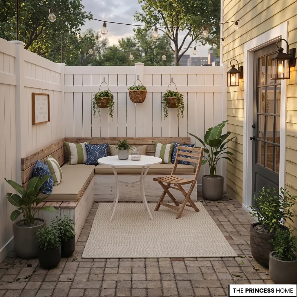 small patio decor with built in bench