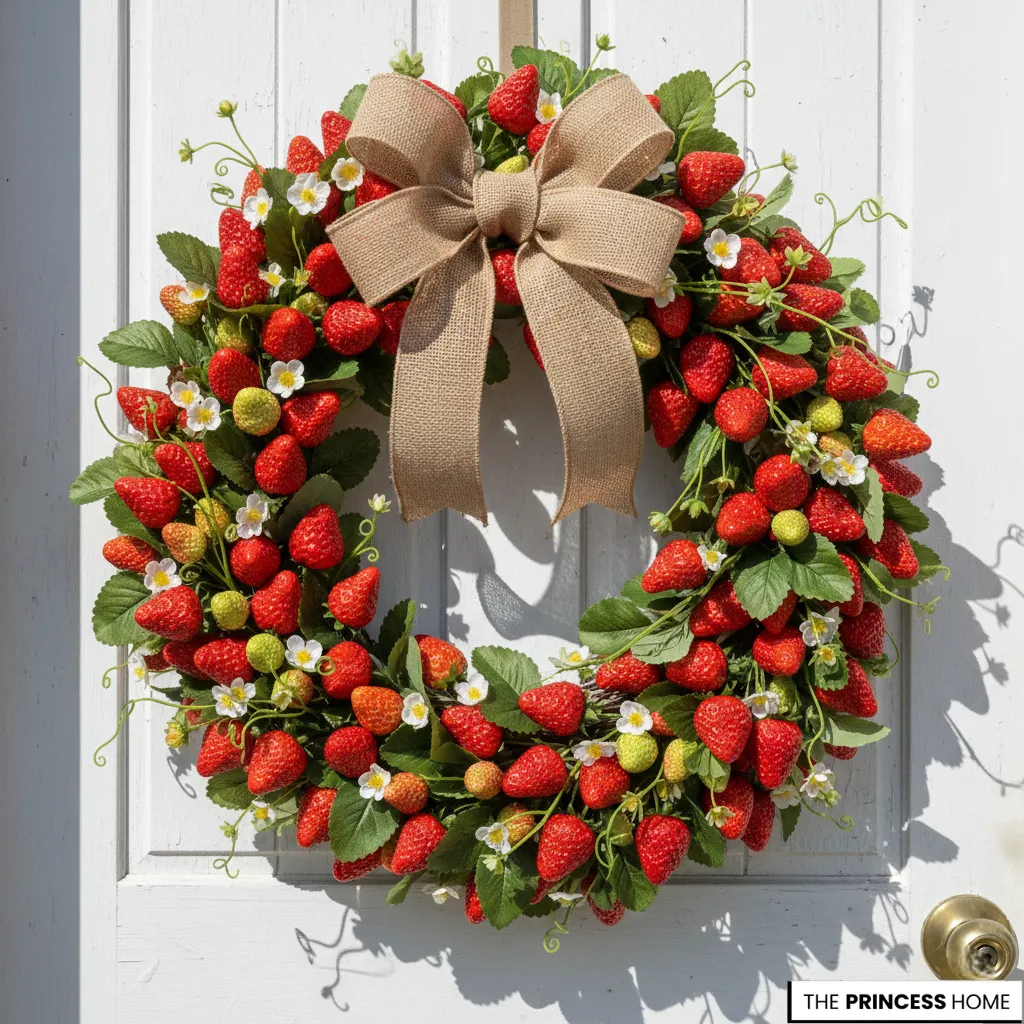 Vibrant summer wreath filled with faux strawberries, white blossoms, green leaves, and a burlap bow hanging on a white door.