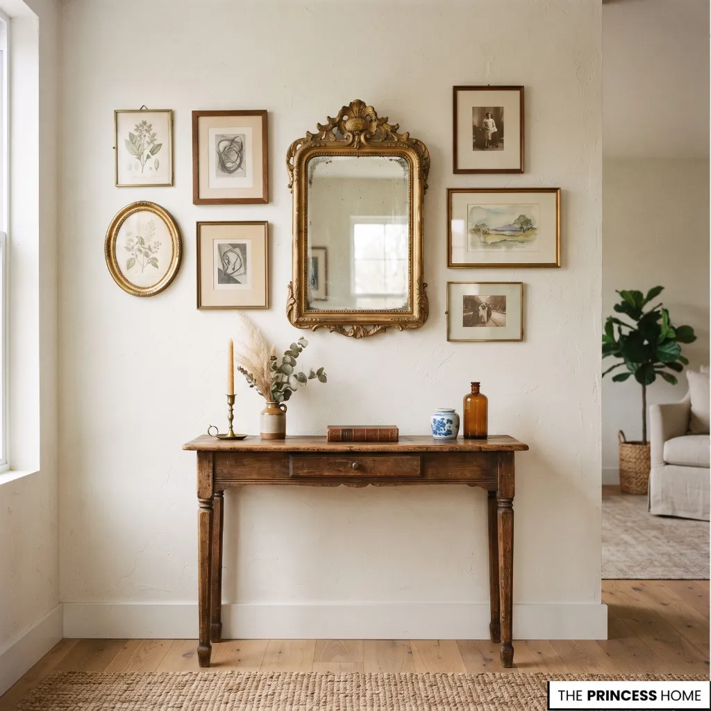 Collected vintage artwork and antique mirror arranged on a contemporary wall