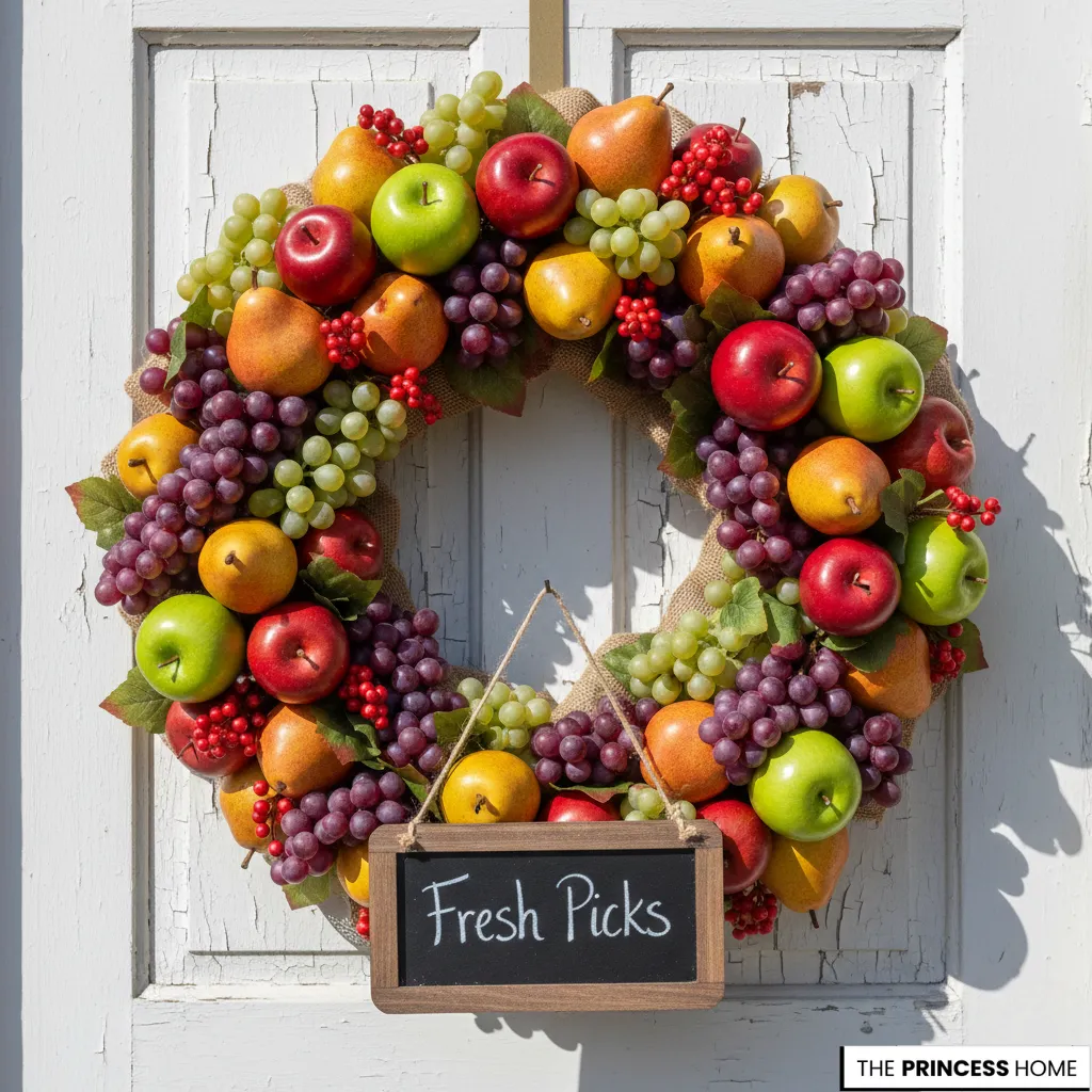 : Vibrant summer wreath filled with faux apples, pears, green and purple grapes, featuring a small hanging chalkboard sign
