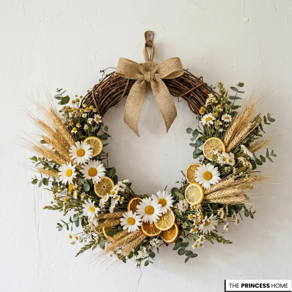 Grapevine wreath decorated with white daisies, dried lemon slices, wheat stalks, and a burlap bow on a white wall.