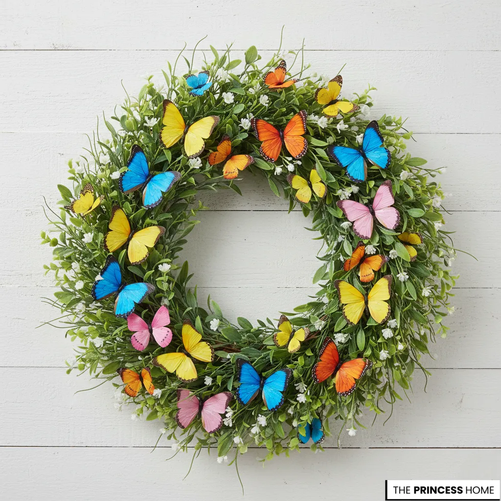 Summer greenery wreath filled with lush boxwood leaves, tiny white blossoms, and adorned with colorful faux butterflies