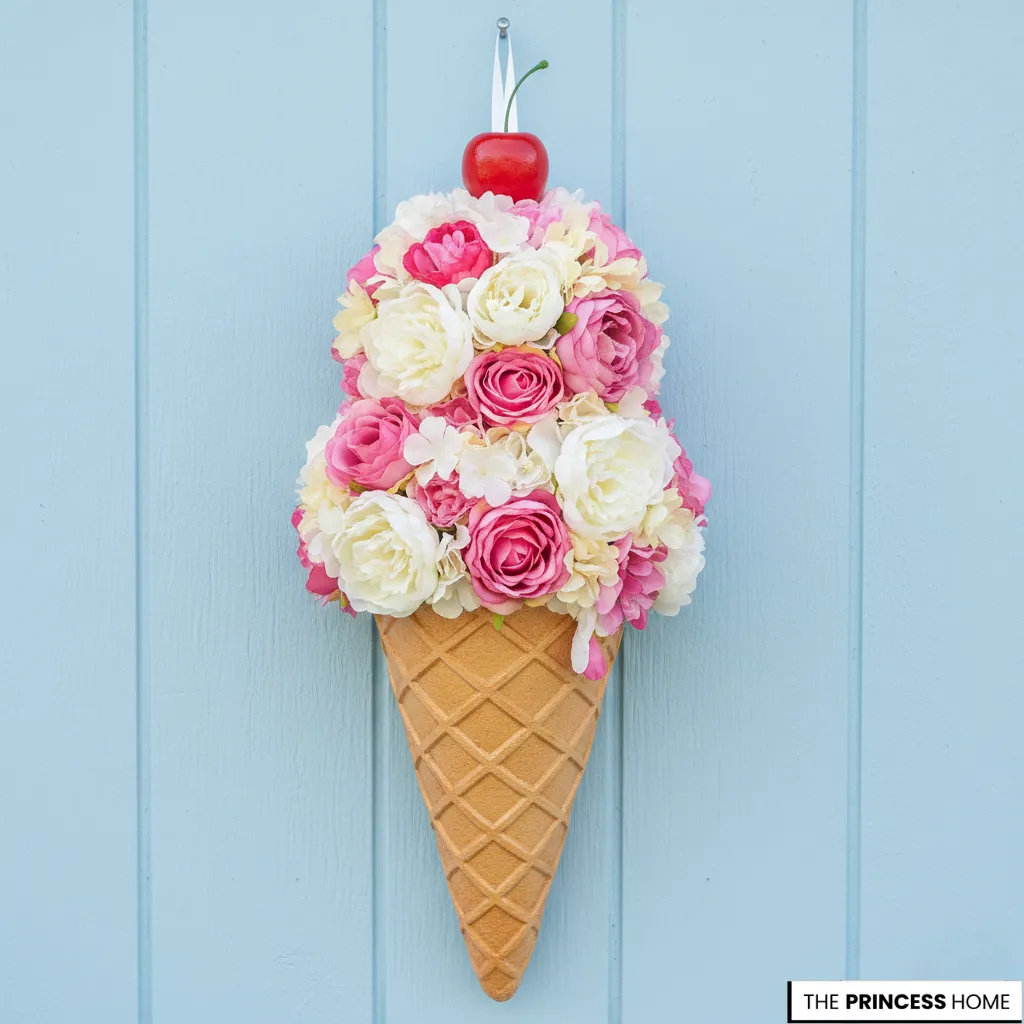 Fun summer door hanger shaped like an ice cream cone, featuring scoops crafted from dense pink and white faux roses and hydrangeas