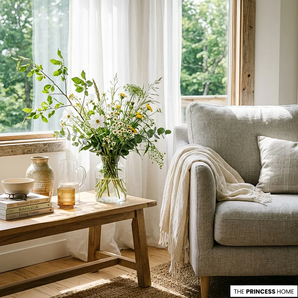 Grey armchair next to a wooden coffee table with a fresh wildflower bouquet and a stack of design books.