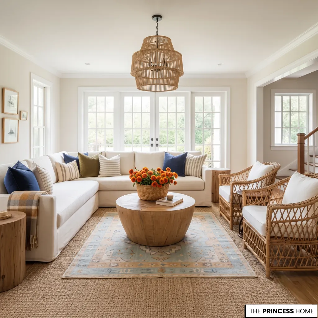 Coastal living room with a cream sectional, round wood coffee table, rattan chairs, and a woven tiered chandelier.
