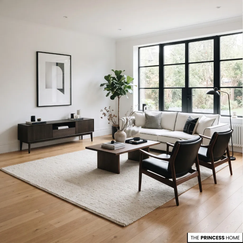 Black and white seating arranged around a simple coffee table on a light rug.