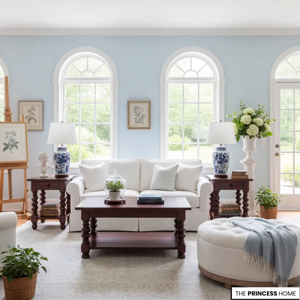 Light blue living room with white sofas, arched windows, dark wood tables, and blue and white ginger jar lamps.