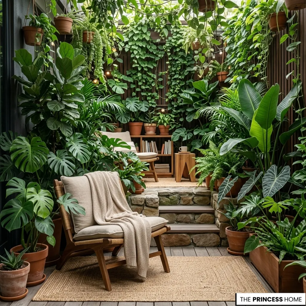 Lush urban patio garden featuring stone steps, wooden lounge chairs, a jute rug, and dense tropical potted plants.