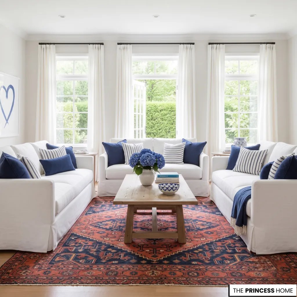 Coastal Hamptons living room with white sofas, blue and striped pillows, a wooden coffee table, and an oriental rug.