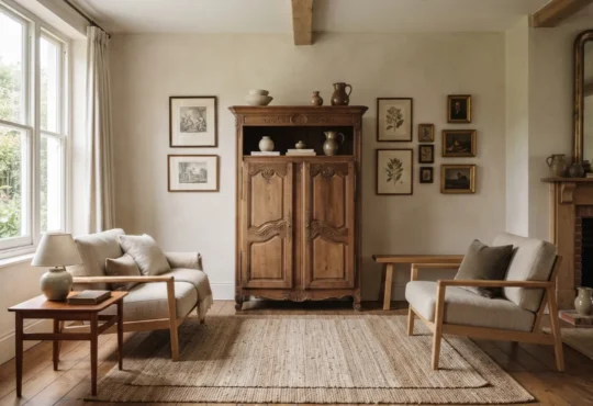 Collected vintage decor with contemporary furniture in a balanced living room