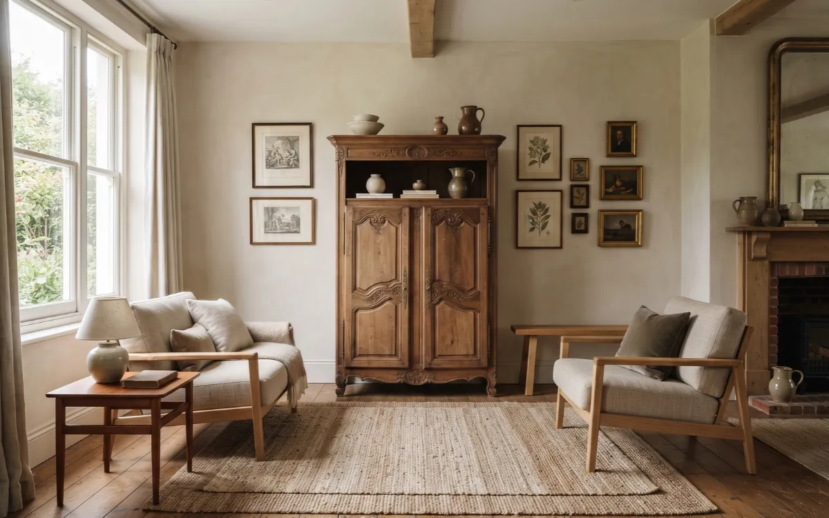Collected vintage decor with contemporary furniture in a balanced living room