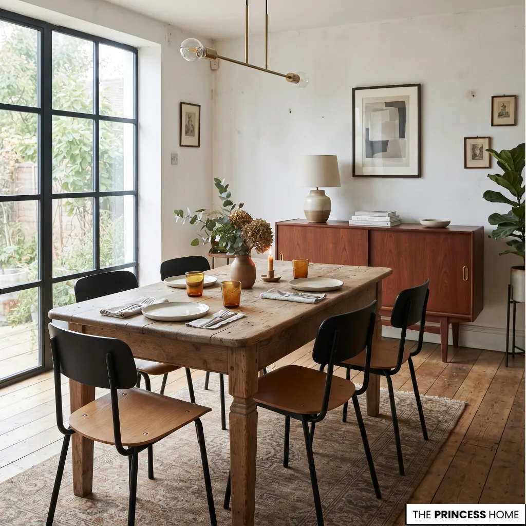 Contemporary dining room combining a vintage wooden table with modern seating