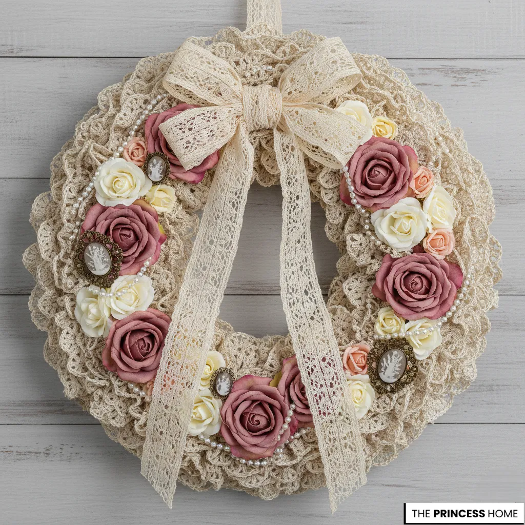 Shabby chic style vintage wreath crafted from layered beige lace ruffles, adorned with dusty pink and cream faux roses