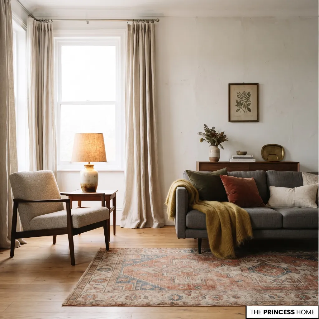 Vintage textiles and a classic table lamp in a contemporary living room