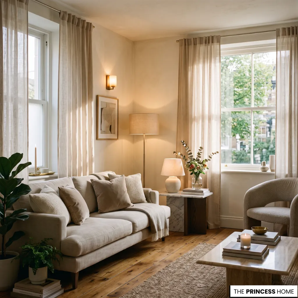 Cozy neutral living room with a beige sofa, linen curtains, a stone coffee table, and warm ambient lighting.