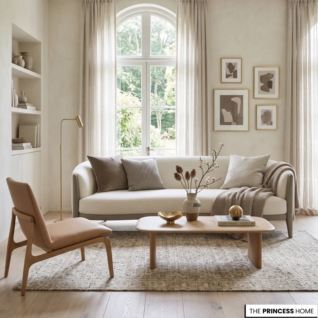 Warm minimalist living room with a cream sofa, leather accent chair, wood coffee table, and an arched window.