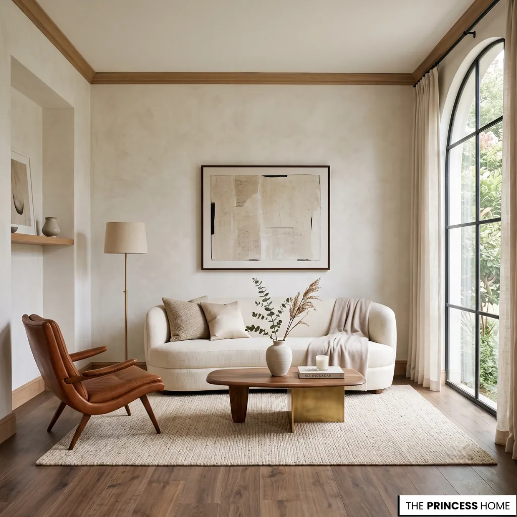 Warm minimalist living room with a cream curved sofa, leather armchair, wood coffee table, and large arched window.