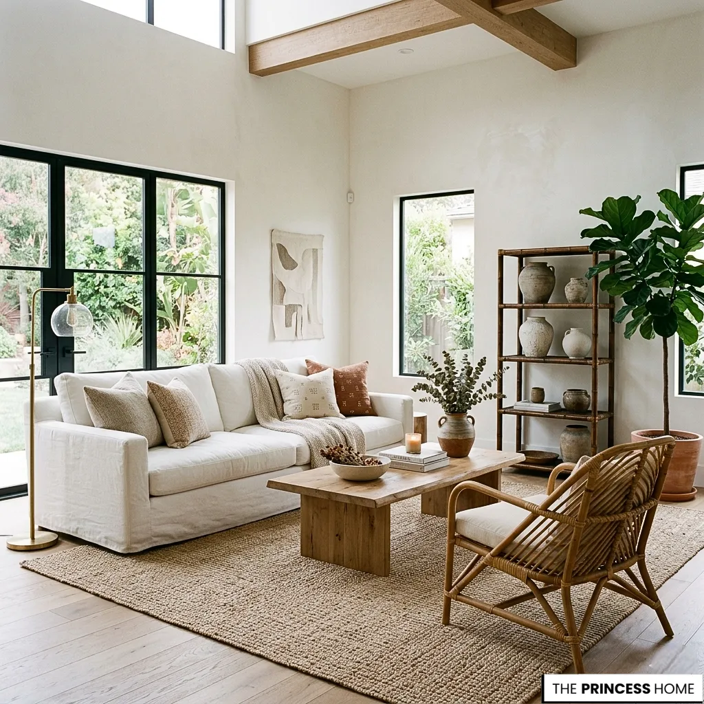 Bright living room with a white sofa, rattan armchair, wooden coffee table, jute rug, and a shelf with ceramic vases.
