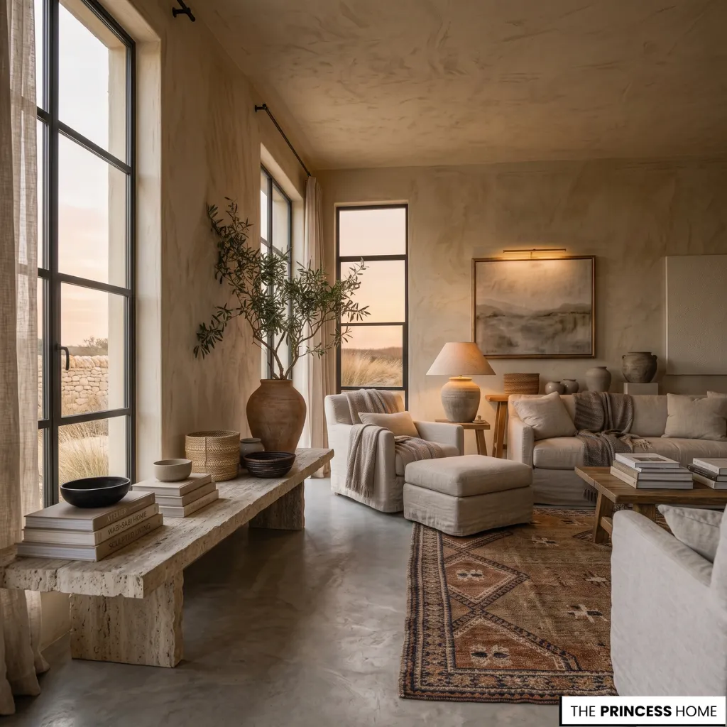 Slow design living room with textured plaster walls, a stone bench, linen sofa, and an olive tree in a terracotta pot.